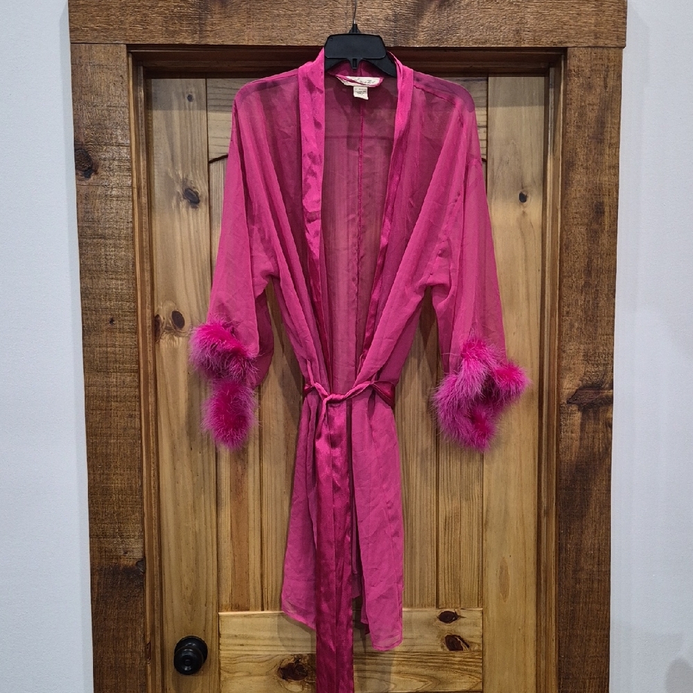 Lane Bryant Intimates Pink Lingerie Sheer Robe With Feather Cuffs Size 18/20 2X